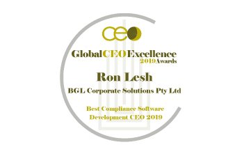 Award Seal; Global CEO Excellence Awards 2019 Best Compliance Software Development CEO; Ron Lesh, BGL Founder and Managing Director.