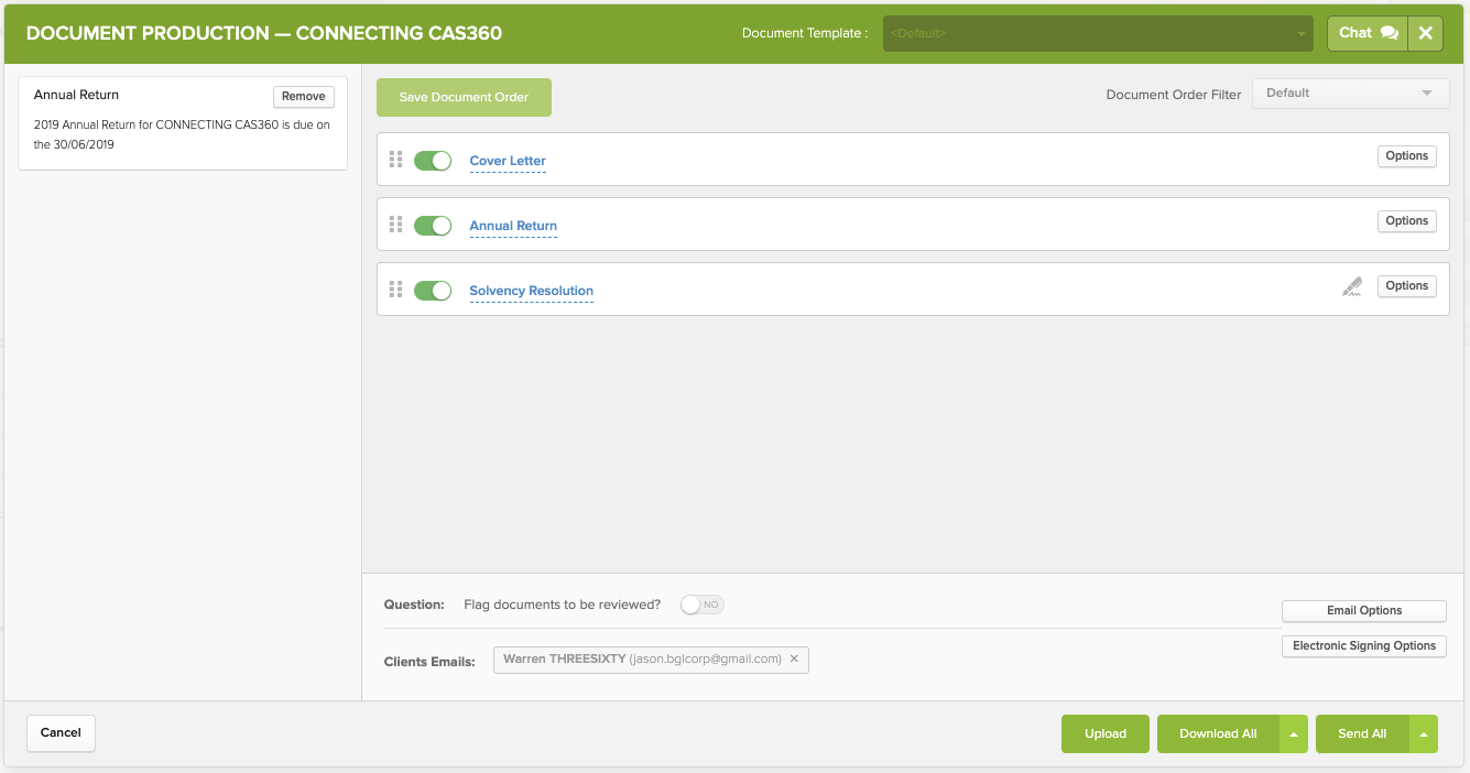 CAS 360 Annual Return Document Production screen UI